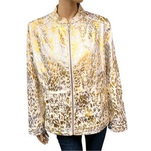 CHICOS Animal Print Metallic Bohemian Jacket zipped closure side pockets Size L